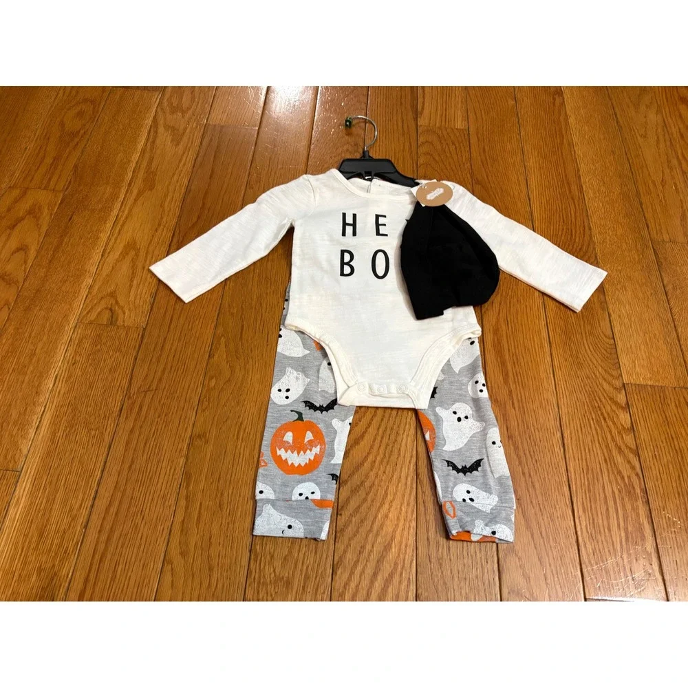 Mud Pie Baby Hey Boo Halloween 3pc Set Bodysuit Leggings Beanie 6-9 Months NEW